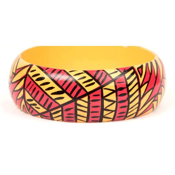 1990s Wood Wooden Yellow Red & Black Tribal Pattern Boho Hippie Bangle Bracelet - Picture 3 of 3